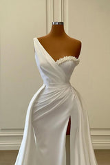 Evening Dresses For Sale, Charming White Long Mermaid One Shoulder Satin Beading Formal Prom Dresses