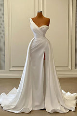 Evening Dress For Sale, Charming White Long Mermaid One Shoulder Satin Beading Formal Prom Dresses