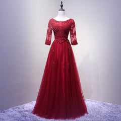 Wedding Dress And Shoes, Charming Wine Red Short Sleeves Lace Applique Wedding Party Dress, Formal Gown