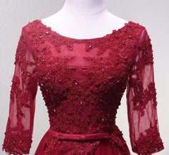 Wedding Dress For Bridesmaid, Charming Wine Red Short Sleeves Lace Applique Wedding Party Dress, Formal Gown