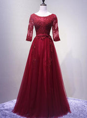 Wedding Dress And Shoe, Charming Wine Red Short Sleeves Lace Applique Wedding Party Dress, Formal Gown