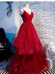 Flower Girl Dress, Charming Wine Red Straps Sweetehart Layers Tulle Prom Dress, Long Party Dress
