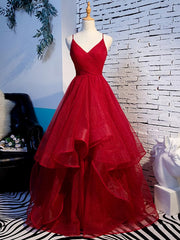 Country Wedding, Charming Wine Red Straps Sweetehart Layers Tulle Prom Dress, Long Party Dress