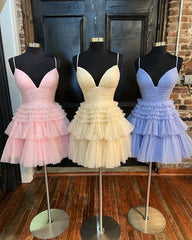 Bridesmaid Dress As Wedding Dress, Multi-Tiered V-Neck Backless A-Line Short Party Dress