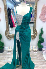 Bridesmaid Dresses Styles Long, Chic Asymmetrical Fuchsia Beaded Long Prom Dress,Green Dinner Dresses