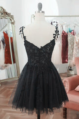 Prom Dresses For Curvy Figure, Chic Black Lace Straps Tulle Short Party Drss, Black Sweetheart Homecoming Dress