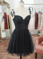 Prom Dress Purple, Chic Black Lace Straps Tulle Short Party Drss, Black Sweetheart Homecoming Dress