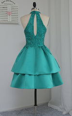 Formal Dresses With Sleeves For Weddings, Chic Green Satin and Lace Layers Homecoming Dress, New Homecoming Dress