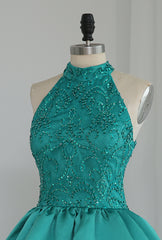 Formal Dresses For Weddings Mother Of The Bride, Chic Green Satin and Lace Layers Homecoming Dress, New Homecoming Dress