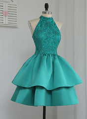 Formal Dresses For Weddings Mothers, Chic Green Satin and Lace Layers Homecoming Dress, New Homecoming Dress
