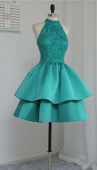 Formal Dresses For Girls, Chic Green Satin and Lace Layers Homecoming Dress, New Homecoming Dress