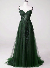 Party Dress, Chic Green Straps Tulle with Lace Party Dress, A-line Sweetheart Floor Length Prom Dress