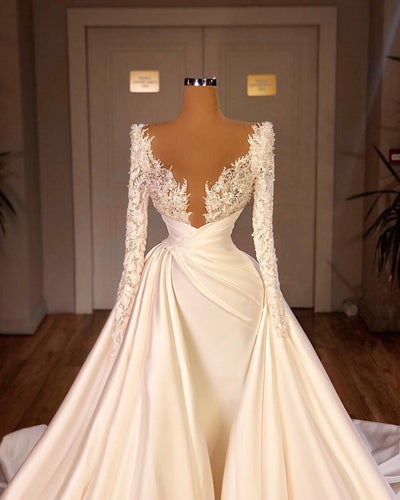Wedding Dress Simpl, Chic Long A-line Cathedral V-neck Satin Lace Wedding Dress With Sleeves