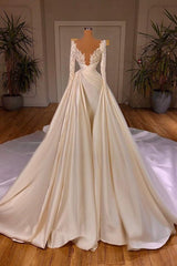 Wedding Dresses 2025, Chic Long A-line Cathedral V-neck Satin Lace Wedding Dress With Sleeves