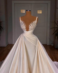 Weddings Dresses Simple, Chic Long A-line Sleeveless Spaghetti Strap Cathedral V-neck Satin Lace Wedding Dress