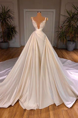 Wedsing Dress Simple, Chic Long A-line Sleeveless Spaghetti Strap Cathedral V-neck Satin Lace Wedding Dress