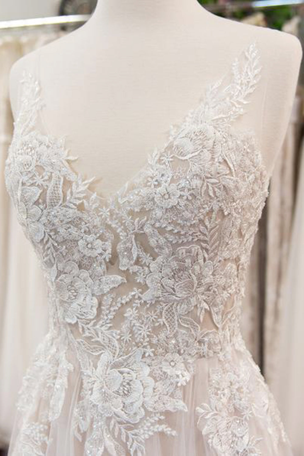 Wedding Dresses Price, Chic Long A line V neck Appliques Lace Tulle Wedding Dress