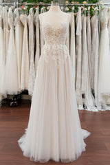 Wedding Dress Shopping Near Me, Chic Long A line V neck Appliques Lace Tulle Wedding Dress