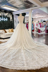 Wedding Dress Shops Near Me, Chic Long A-line V-neck Floral Lace Open Back Wedding Dresses