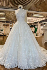 Wedding Dress For Short Bride, Chic Long A-line V-neck Floral Lace Open Back Wedding Dresses