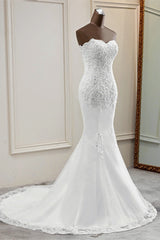 Wedding Dress Bridesmaid, Chic Long Mermaid Strapless Lace Appliques Wedding Dress