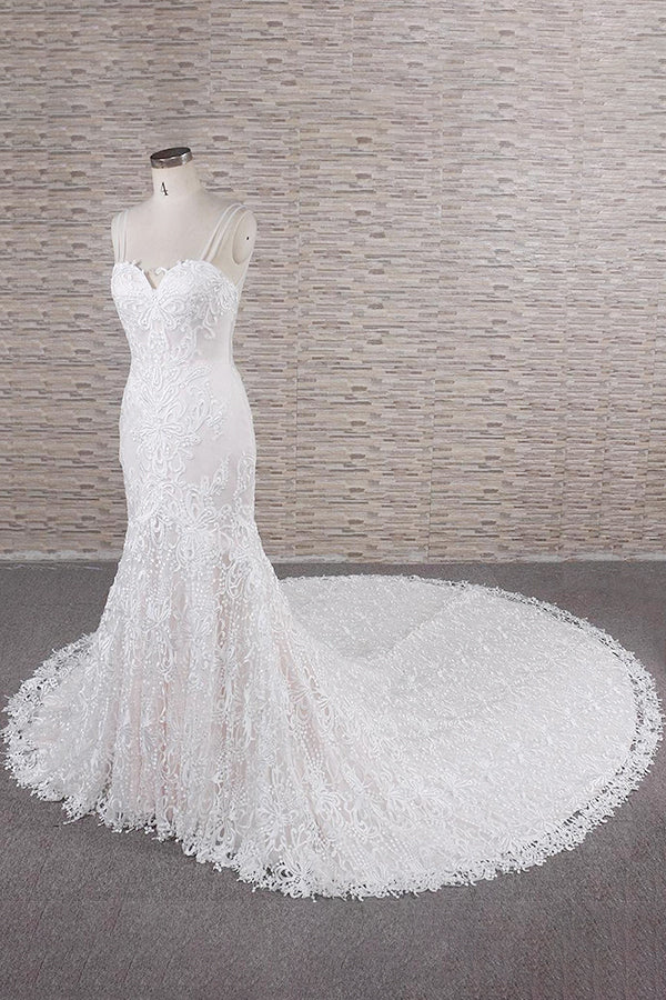 Weddings Dresses With Sleeves, Chic Long Mermaid Sweetheart Spaghetti Strap Appliques Lace Wedding Dress