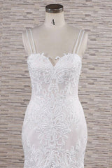Wedsing Dresses With Sleeves, Chic Long Mermaid Sweetheart Spaghetti Strap Appliques Lace Wedding Dress