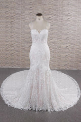 Wedding Dresses With Sleeve, Chic Long Mermaid Sweetheart Spaghetti Strap Appliques Lace Wedding Dress