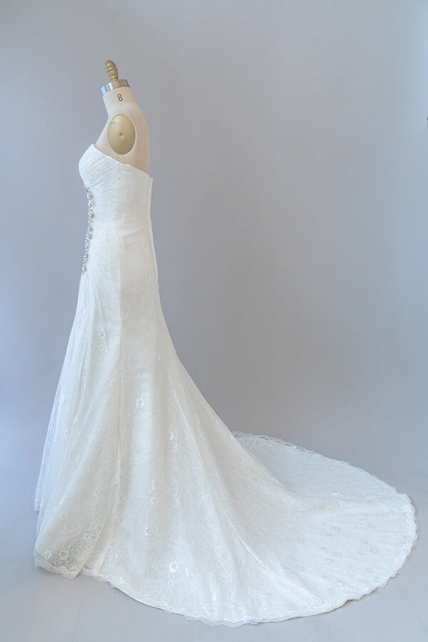 Wedding Dress 2023, Chic Long Sheath Strapless Ruffle Lace Wedding Dress