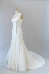 Wedding Dresses For Shorter Brides, Chic Long Sheath Strapless Ruffle Lace Wedding Dress