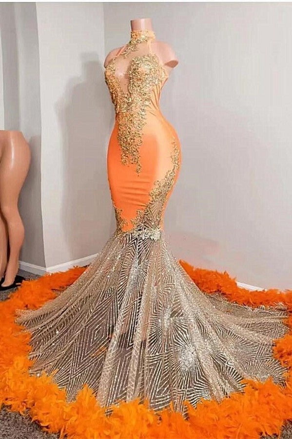 Evening Dress Sale, Chic Orange Long Mermaid Halter Sleeveless Tulle Prom Dress