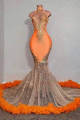 Evening Dresses Sale, Chic Orange Long Mermaid Halter Sleeveless Tulle Prom Dress