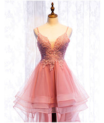 Prom Dress With Pocket, Chic V-neckline Lace Applique Tulle High Low Straps Homecoming Dress, Tulle Short Prom Dress