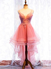 Prom Dress Bodycon, Chic V-neckline Lace Applique Tulle High Low Straps Homecoming Dress, Tulle Short Prom Dress
