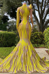 Evening Dress Shops, Chic Yellow Long Mermaid High Neck Tulle Lace Prom Dress with Sleeves