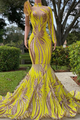 Evening Dress Shopping, Chic Yellow Long Mermaid High Neck Tulle Lace Prom Dress with Sleeves