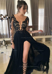 Party Dresses Express, Chiffon Long/Floor-Length A-Line/Princess Full/Long Sleeve Bateau Zipper Up At Side Prom Dress With Appliqued