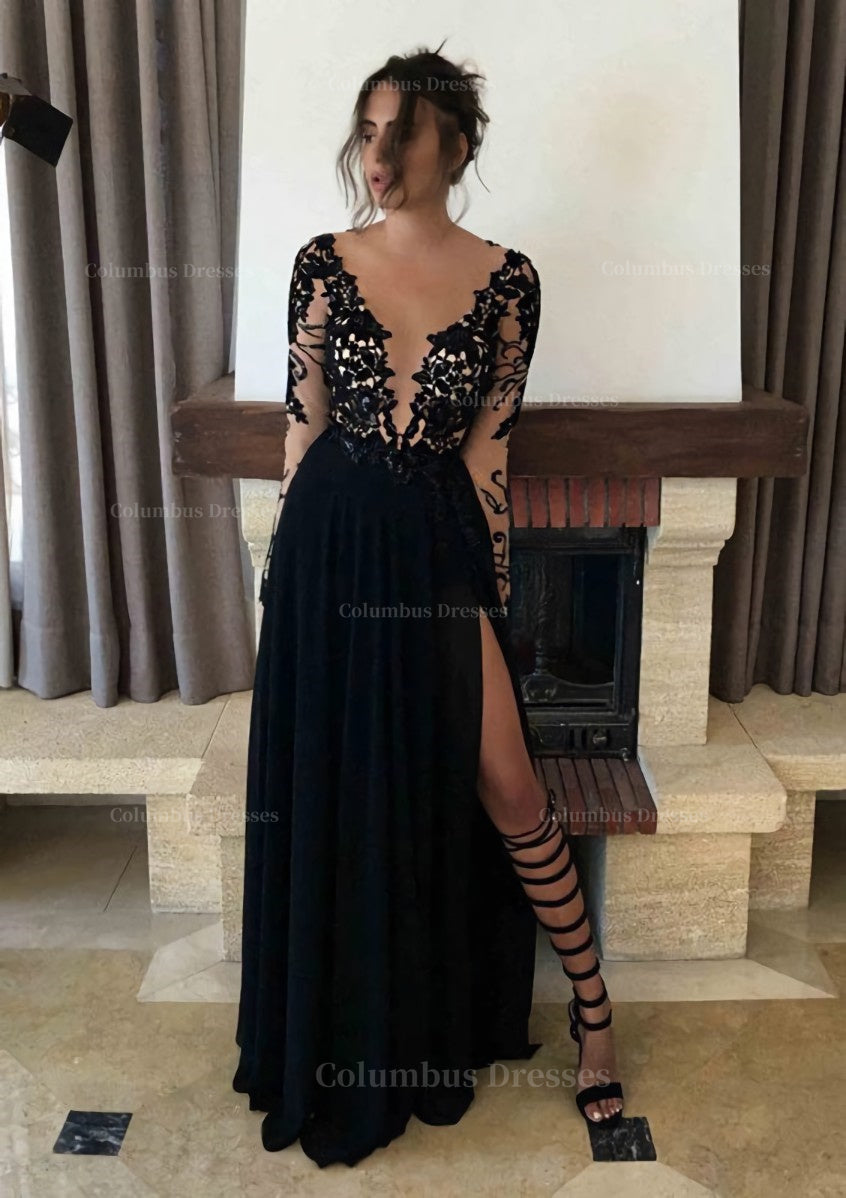 Party Dress Express, Chiffon Long/Floor-Length A-Line/Princess Full/Long Sleeve Bateau Zipper Up At Side Prom Dress With Appliqued