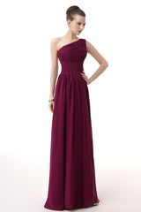Prom 2044, Chiffon One Shoulder Burgundy Prom Dresses