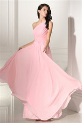 Prom Dress Two Piece, Chiffon Pink One Shoulder Long Bridesmaid Dresses