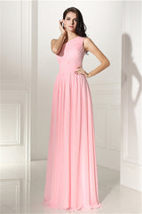 Prom Dresse Two Piece, Chiffon Pink One Shoulder Long Bridesmaid Dresses