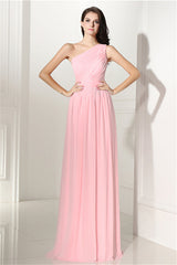Prom Dresses Two Pieces, Chiffon Pink One Shoulder Long Bridesmaid Dresses
