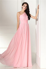 Prom Dressed Two Piece, Chiffon Pink One Shoulder Long Bridesmaid Dresses