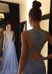 Prom Dresses Ball Gown Style, Chiffon Prom Dress A-Line/Princess Scoop Neck Sweep Train With Appliqued Beaded