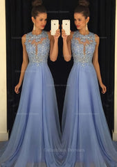Prom Dresses For Teens Long, Chiffon Prom Dress A-Line/Princess Scoop Neck Sweep Train With Appliqued Beaded