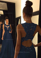 Prom Dresses 2046 Cheap, Chiffon Prom Dress A-Line/Princess Scoop Neck Sweep Train With Appliqued Beaded