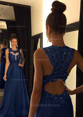 Prom Dresses Pattern, Chiffon Prom Dress A-Line/Princess Scoop Neck Sweep Train With Appliqued Beaded