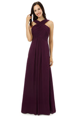 Prom Dresses With Sleeves, Chiffon Purple Halter Long Bridesmaid Dresses
