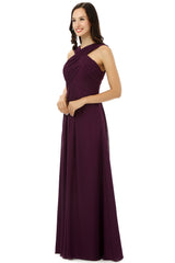 Prom Dresses Fitted, Chiffon Purple Halter Long Bridesmaid Dresses