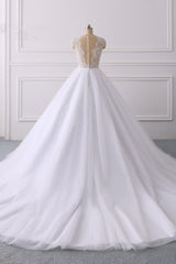 Wedding Dress Order Online, Classic Cap sleeves V neck White Ball Gown Lace Wedding Dress
